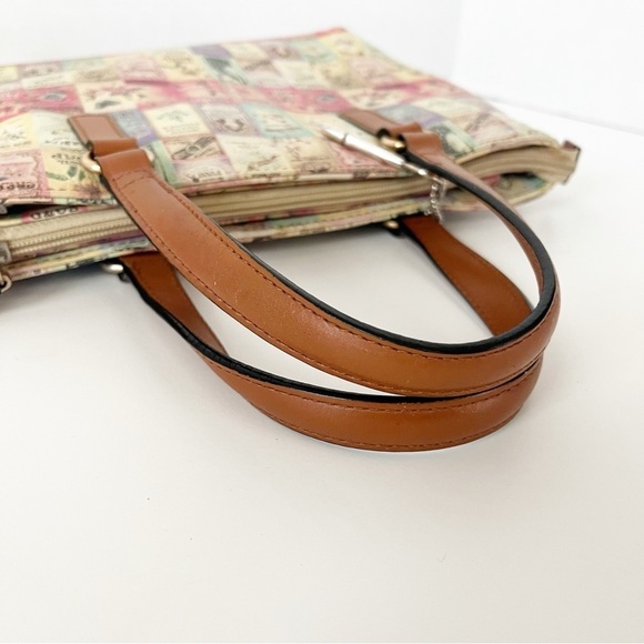 Vintage Fossil Small Leather Tote Soap Labels Print Double Strap Zip Pockets - Picture 10 of 14